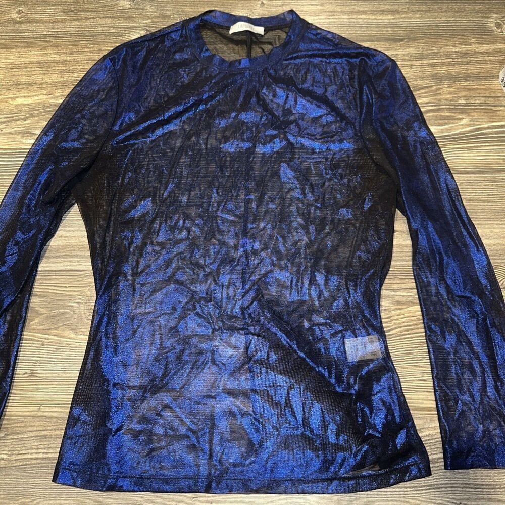 SALLY LAPOINTE Size 2 Halo Blue/Black Mesh Top. Color Changing. NWOT. 15